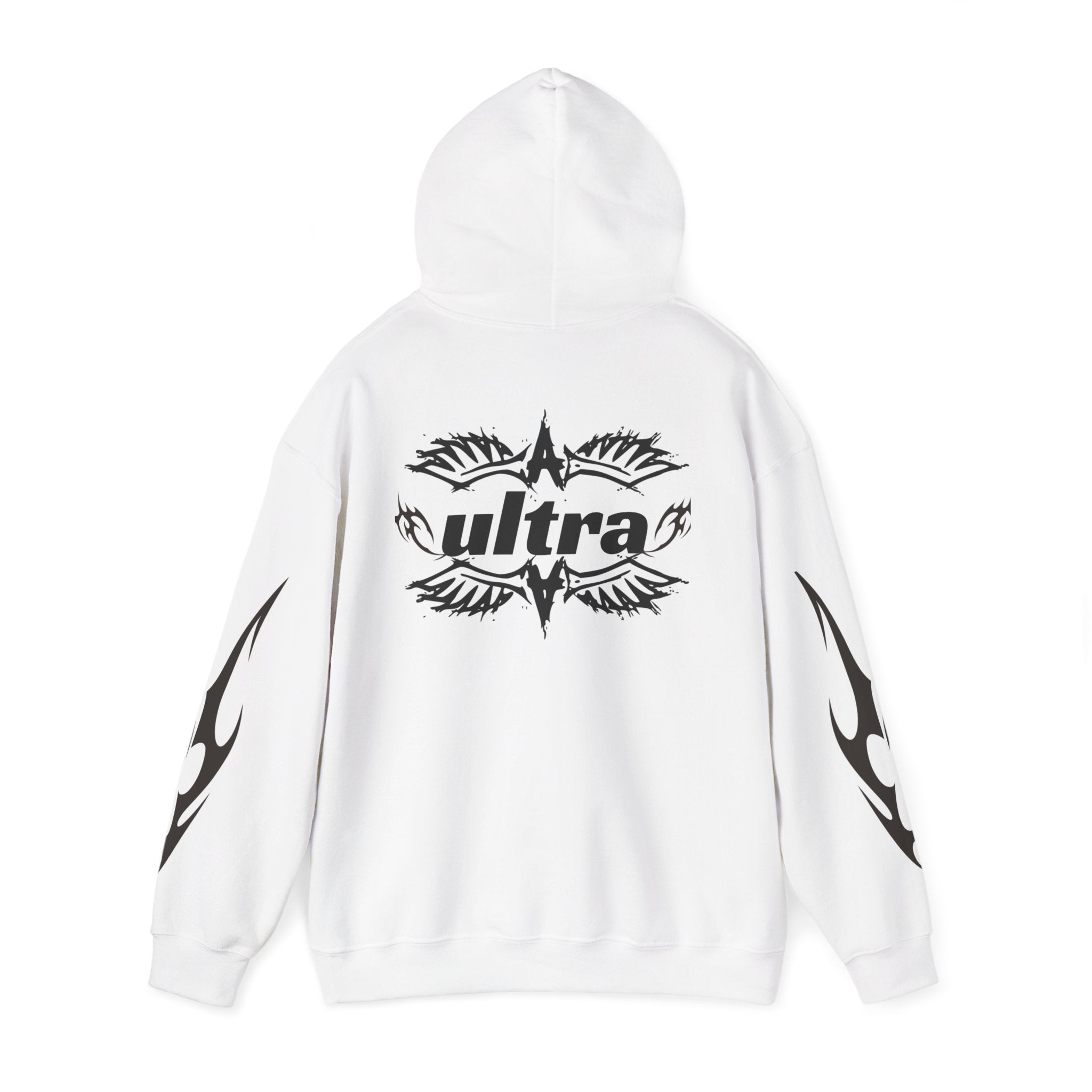 Ultra Tribal Hoodie — White Graphic Flame Sleeve Pullover