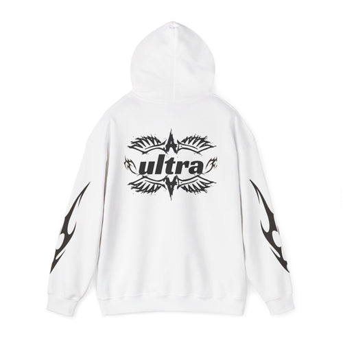 Ultra Tribal Hoodie — White Graphic Flame Sleeve Pullover