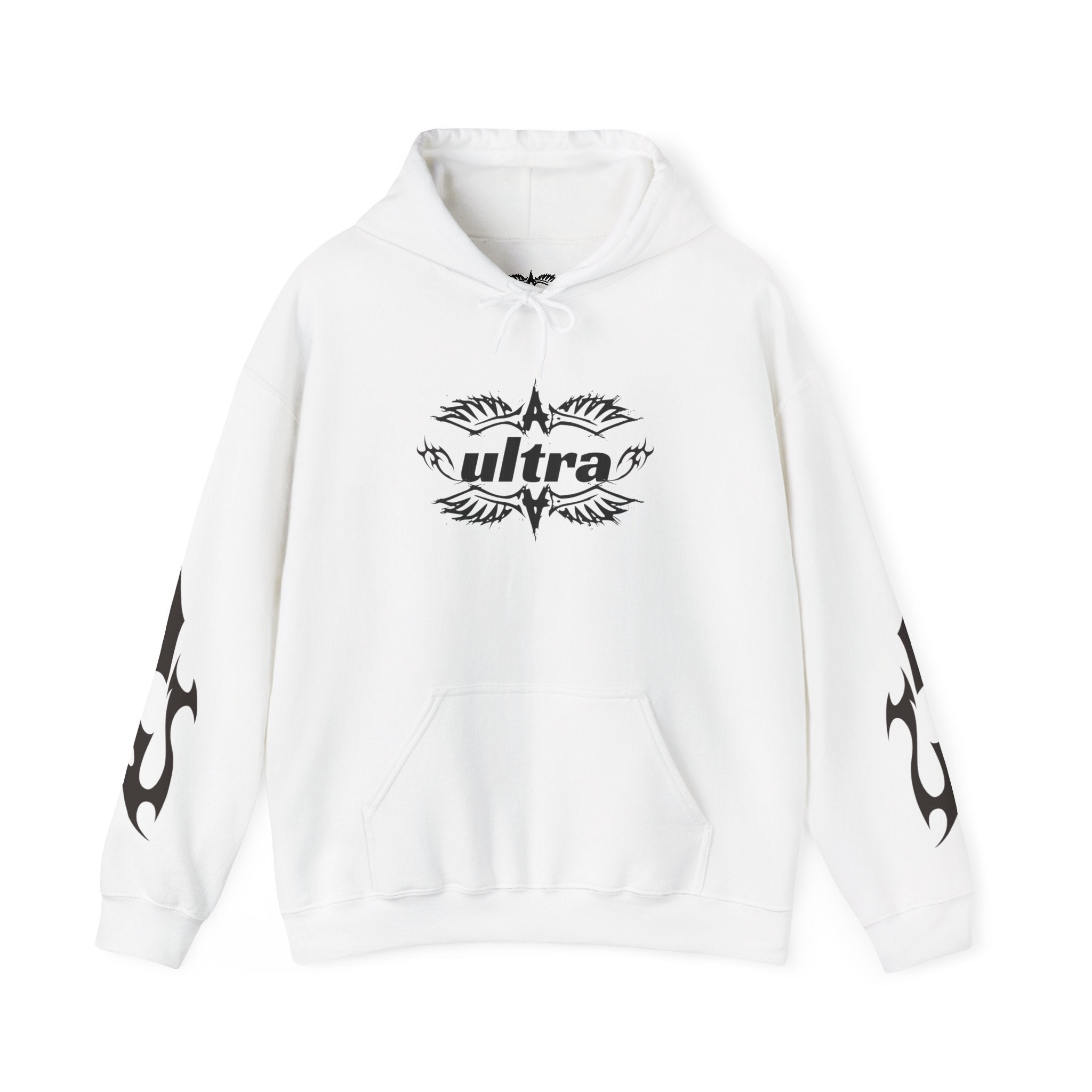 Ultra Tribal Hoodie — White Graphic Flame Sleeve Pullover