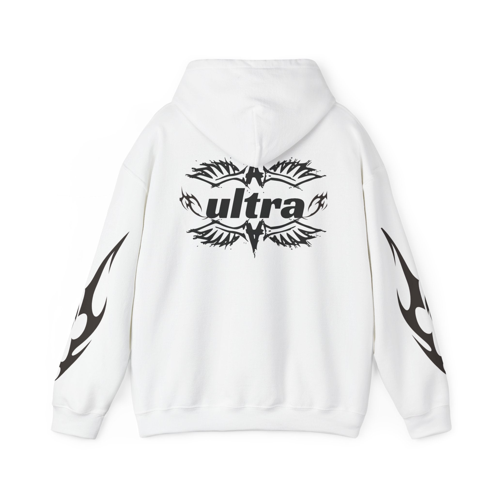 Ultra Tribal Hoodie — White Graphic Flame Sleeve Pullover